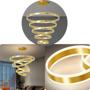 Lustre Pendente Led Rustico 5 Aros Pé Direito Duplo Dourado Escovado